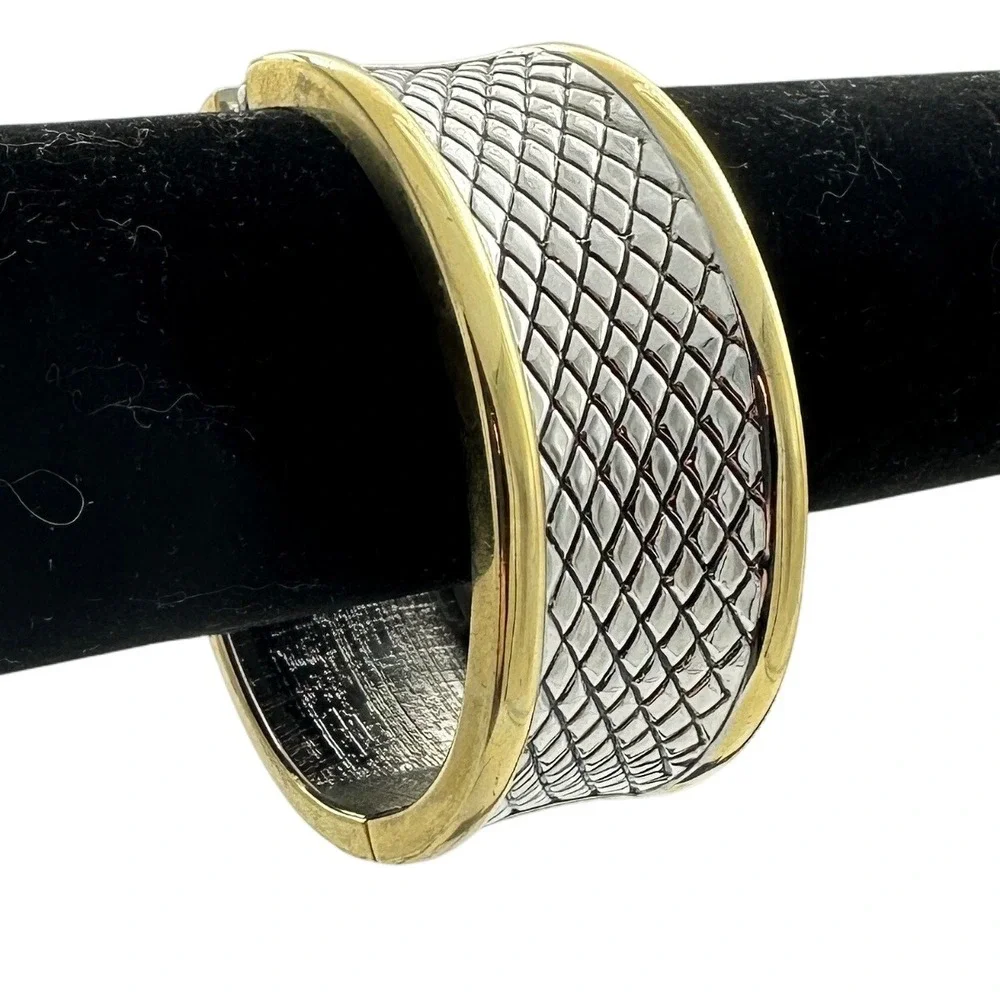 Gold & Silver Tone Cuff Bangle Bracelet Two Tone Diamond Weave‎ Fashion Jewelry